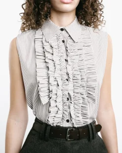 Striped Ruffle-Front Sleeveless Shirt